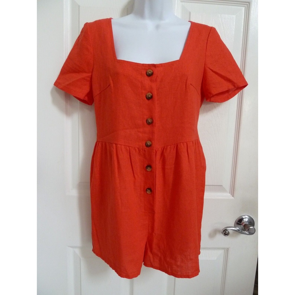 Urban Renewal Orange Linen Romper Vintage Fabric Square Neck Button Front XS
